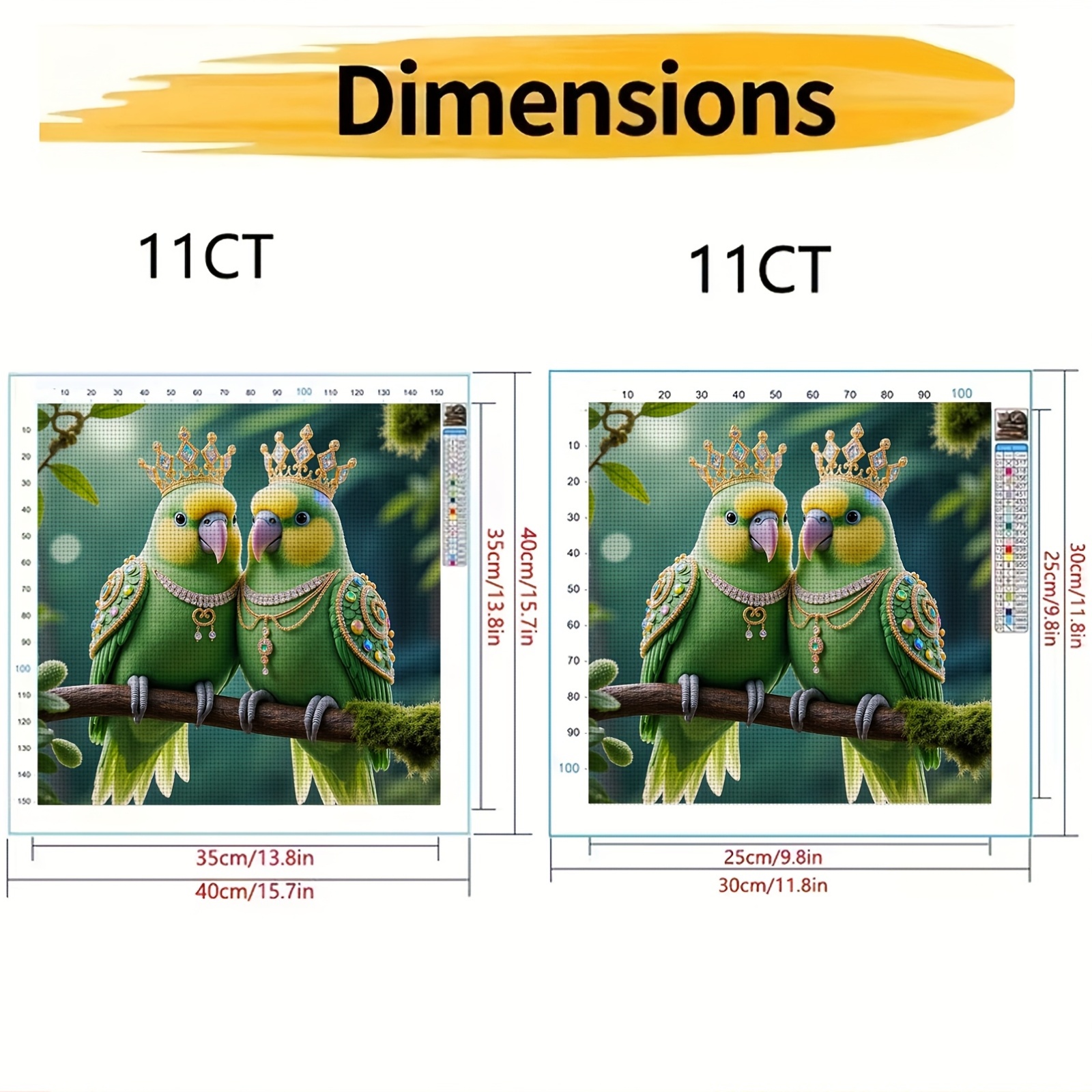 Frameless 11CT Printed Fabric Cross-Stitch Kit, Two Parrots Wearing Crowns