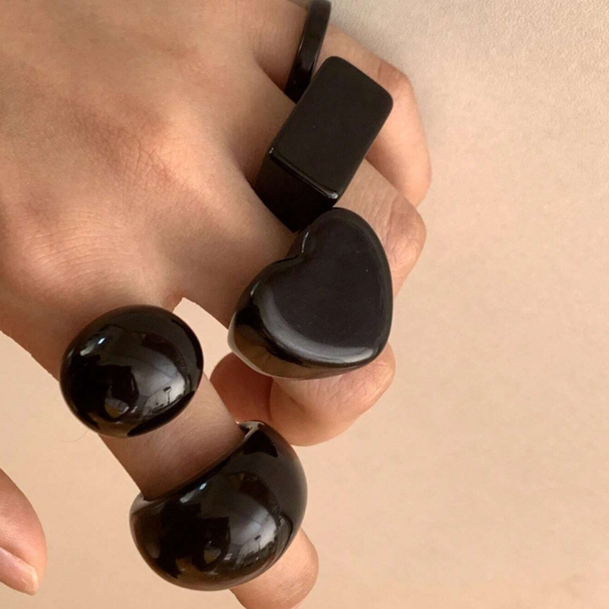 5pc Classic Pure Black Resin Ring Set for Women
