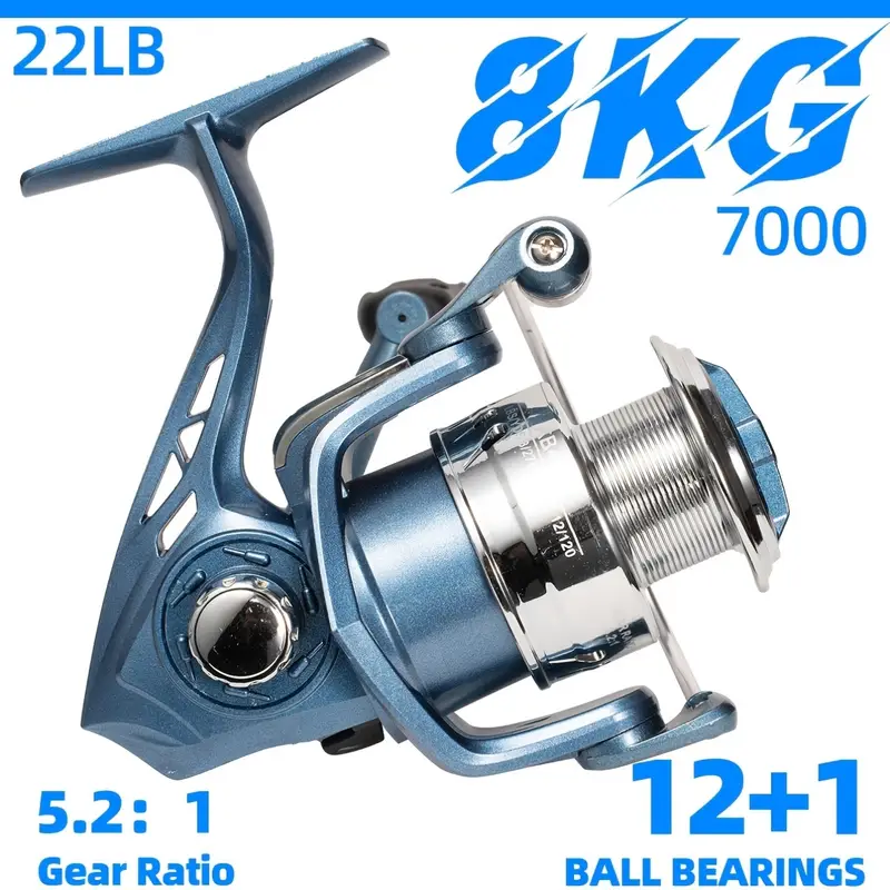 * Ball Bearings Metal Spool Spinning Fishing Reel 7000, 17.64LB Drag Power * Blue Silvery * Ball Bearings Metal Spool Spinning Fishing Reel 7000, 17.64LB Drag Power * Blue Silvery