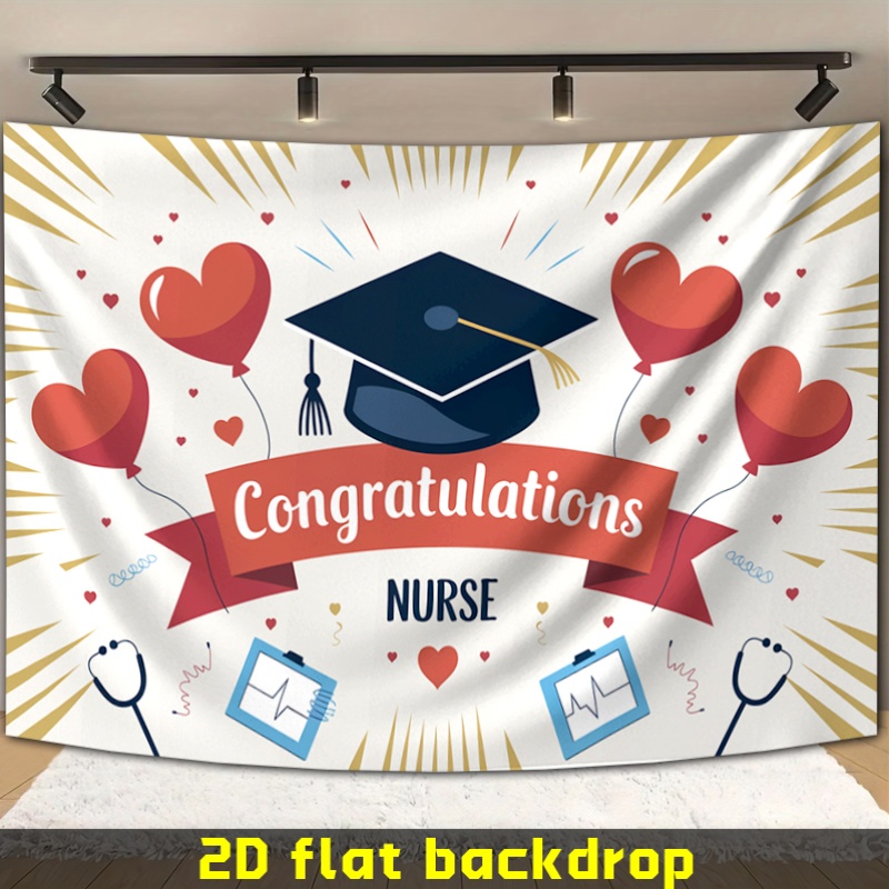 immagine dell'articolo banner 2d piatto - banner 2d piatto - banner 2d piatto con targa   di laurea e infermiera con palloncini a cuore rossi, realizzato in poliestere,   per decorare e   la giornata   degli infermieri