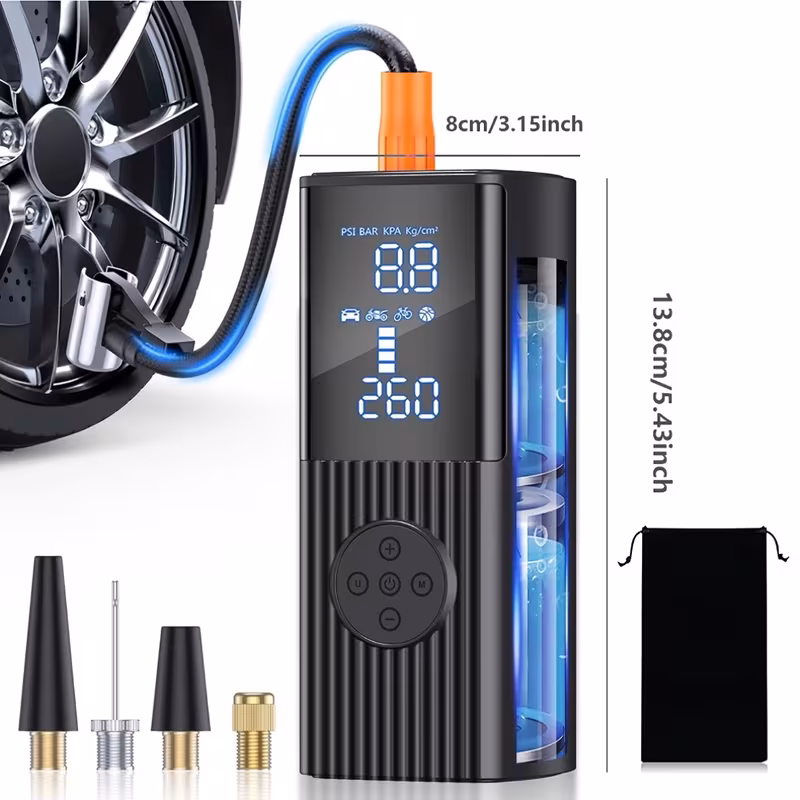 Portable Digital Tire Inflator with LED Light - Cordless Rechargeable Air Pump for Cars, Motorcycles, Bicycles & Balls