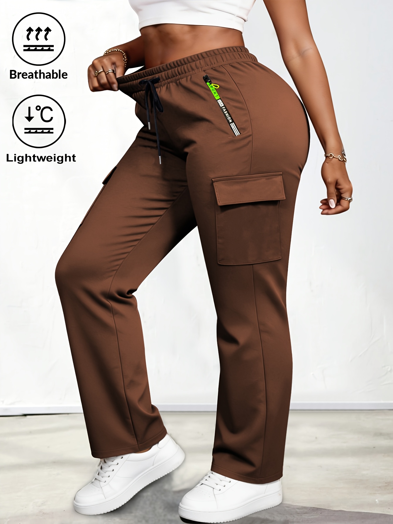 spring autumn new womens long pants zipper pocket cargo trousers drawstring elastic waist thin breathable cargo pocket casual long pants suitable for daily wear