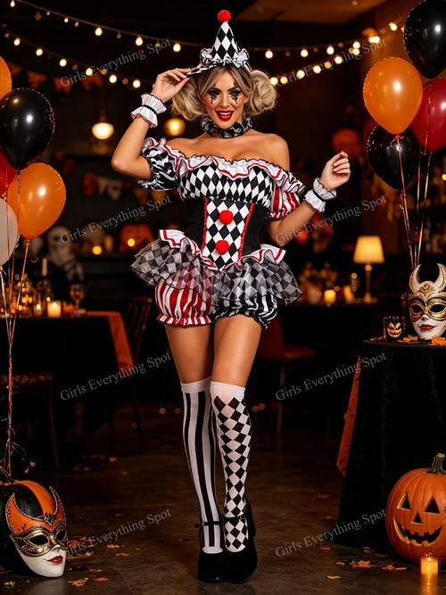 item picture womens off shoulder clown costume set black white red diamond striped dress with mini hat cuffs stockings halloween cosplay outfit for carnival theme