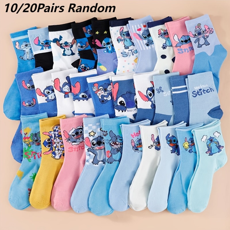 10/20 Paar Stitch Cartoon Sokken - Assorti Kleuren, Halflange, Casual & Veelzijdig, Geschikt voor Alle Seizoenen, Polyester Blend, Handwasbaar, Jeugdmode Sokken