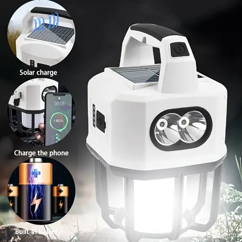 outdoor portable solar camping lantern rechargeable lantern solar and usb powered with dual bulbs and cell phone charging ports ideal for outdoor camping hiking picnics and versatile strong portable light 4 lighting