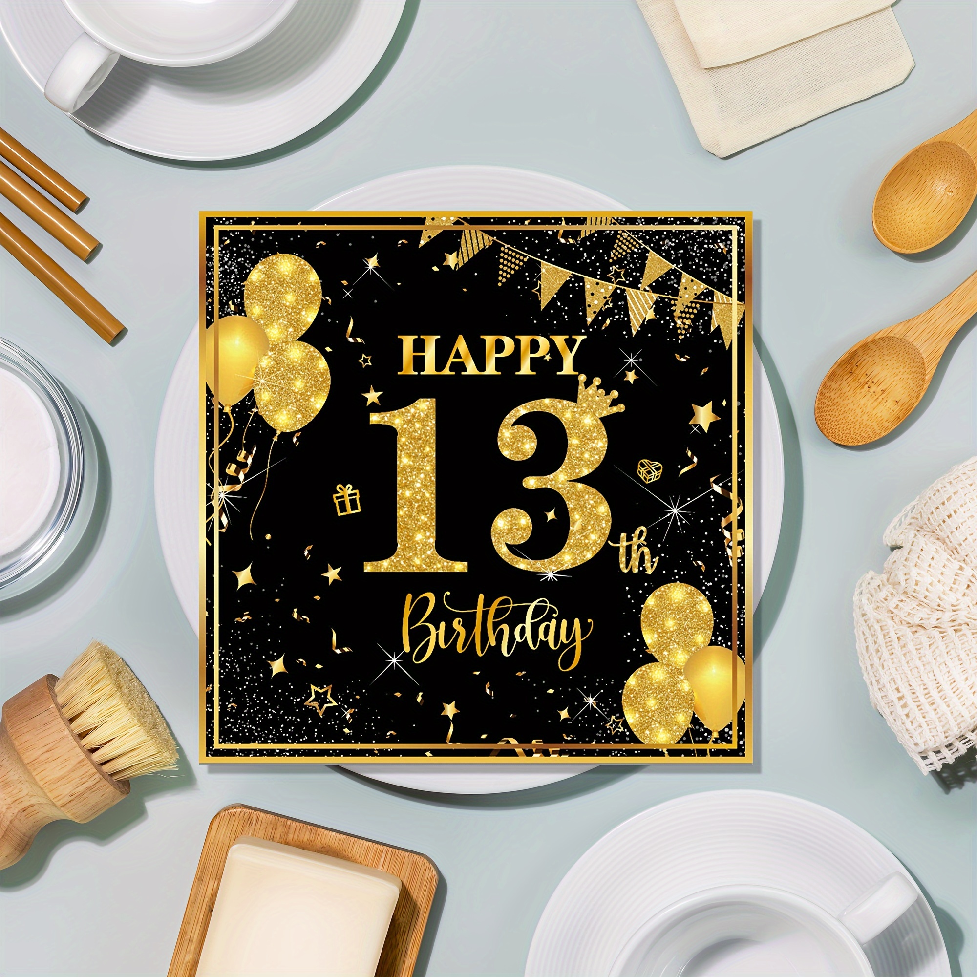 Image of 20pcs 13th Birthday Black And Golden Theme Disposable Paper Napkins Suitable For Happy 13th Birthday Party Decorations And Supplies 16.5cm X 16.5cm For Halloween、christmas