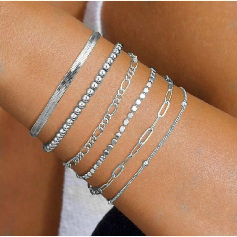5pcs Silvery Cuban Chain Bracelets Set, Handcrafted