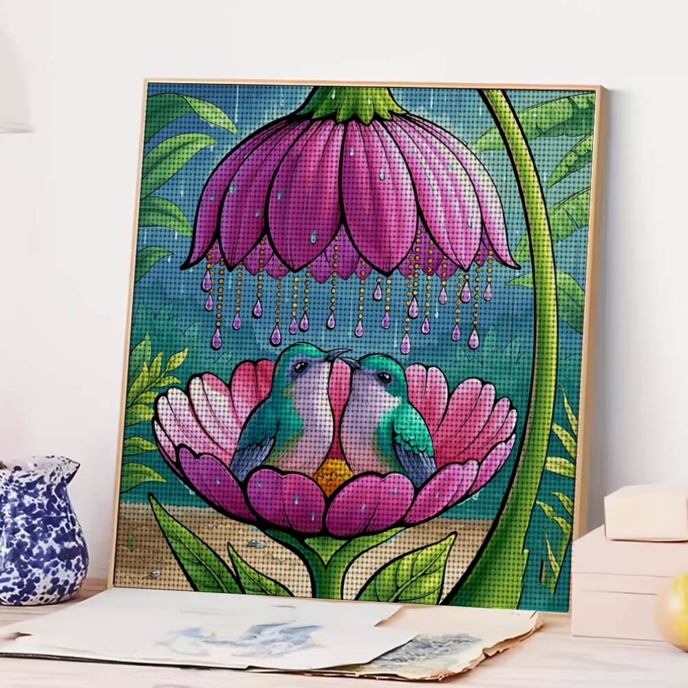 Cross Stitch Printed Kit, Frameless, Two Birds in The Flowers Design