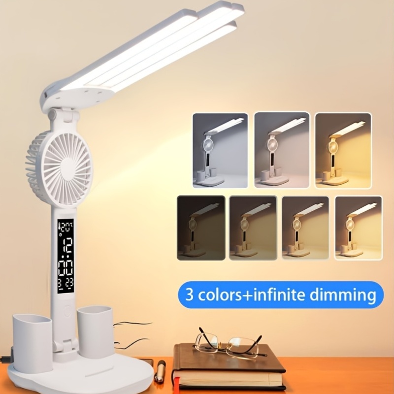 TEMU 2026 New Usb Desk Lamp With Built-in Fan And Pencil Holder, Featuring Time And Temperature Display And Led Lighting, Perfect For Home, Office,
