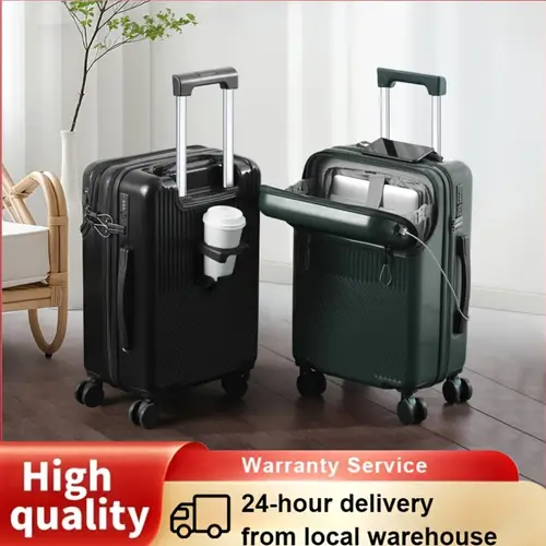 multifunctional luggage durable luggage hard shell boarding case with front pocket usb charging port telescopic pull rod durable universal wheels tsa password lock cup holder hook abs pc sturdy versatile trolley travel case 1pc 20 26 inch