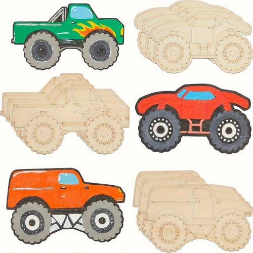 9pcs wooden monster truck shaped chips realistic texture durable wood for painting graffiti home party decor family car themes classroom activities and no paint brush included monster truck birthday decorations
