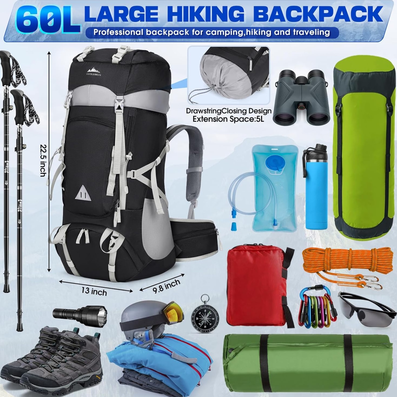 IGOLUMON 60L Hiking Backpack, Large Camping Rucksack for Men & Women