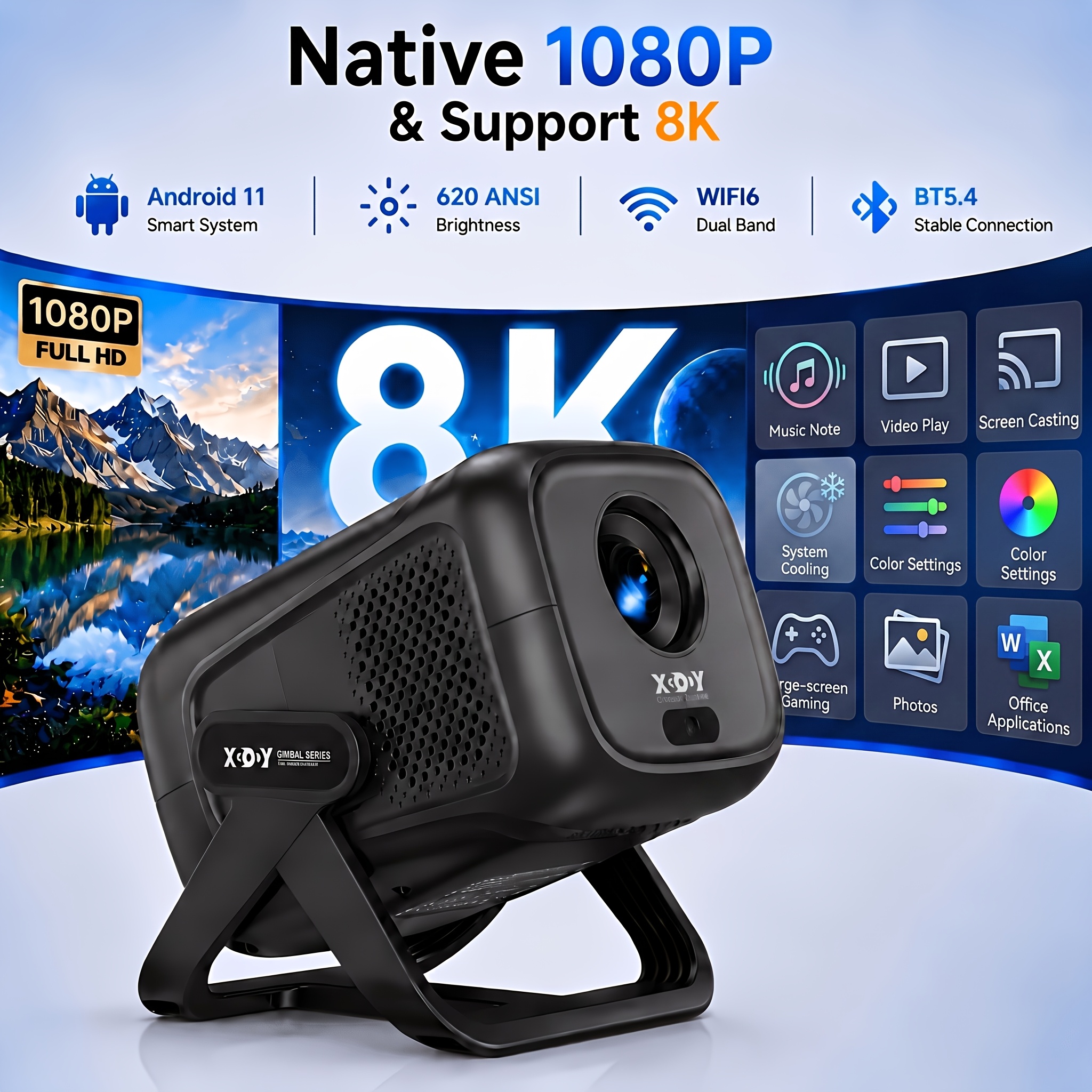 Image of Xgody Gimbal A5 Mini Portable Projector 620ansi Local 1080p Support 8k 11 Dual Band Wifi6 Wireless Screen Cast Auto Keystone Correction For Home Outdoor