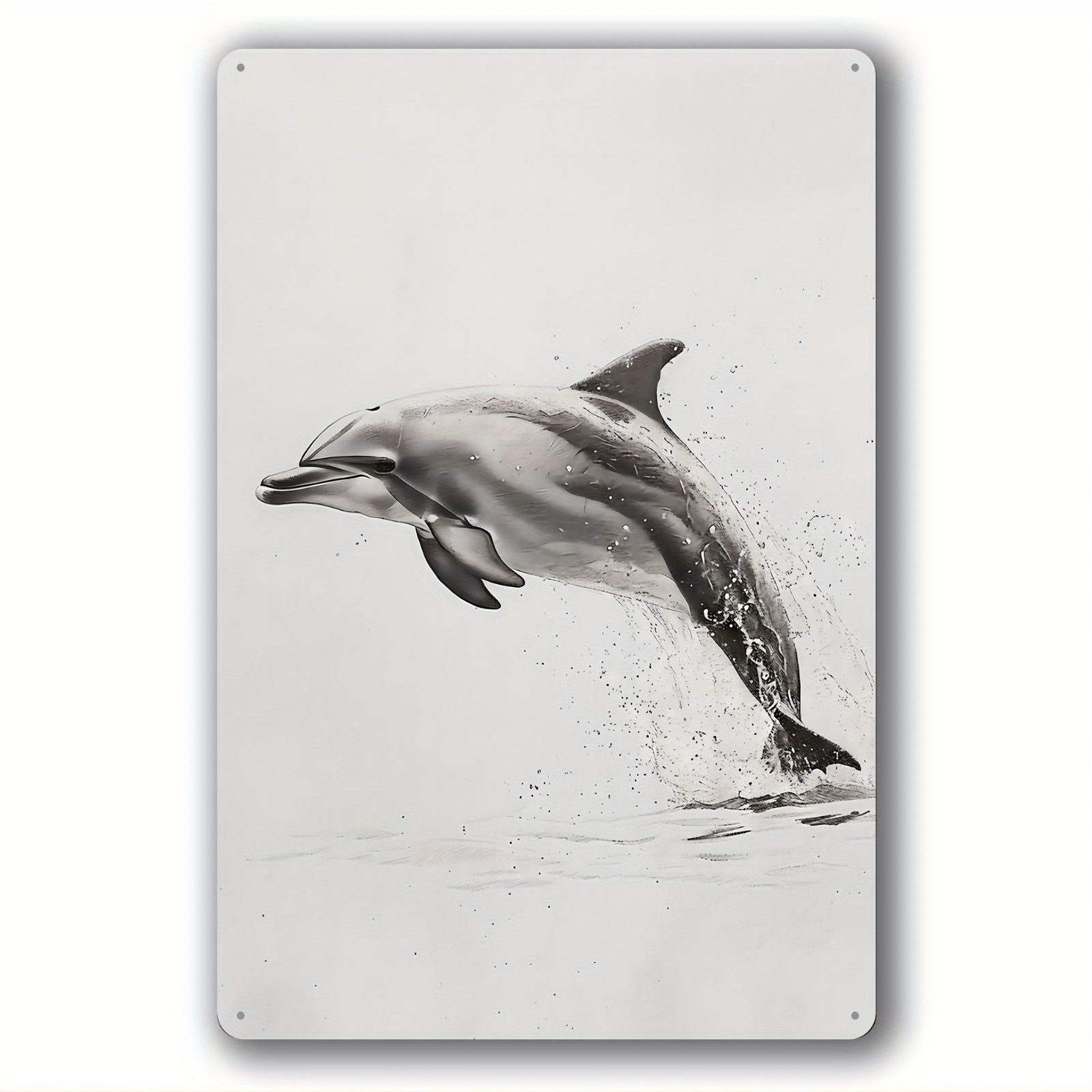 품목 사진 2d 평면, 1개, 20.32cm x 30.48cm 프레임리스 방수 금속 돌고래 벽걸이 장식 - 블랙 & 화이트 뛰는 돌고래 & 물결 바다 테마 금속 간판, 내구성 좋은 내후성/실외 걸이 장식 (가정, 바, 카페, 욕실, 수영장용) - 해양 생물