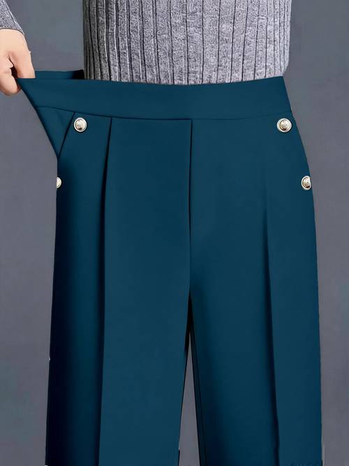 womens trousers elastic high waist pocket front pleated straight pants fashionable casual button decorated versatile trousers