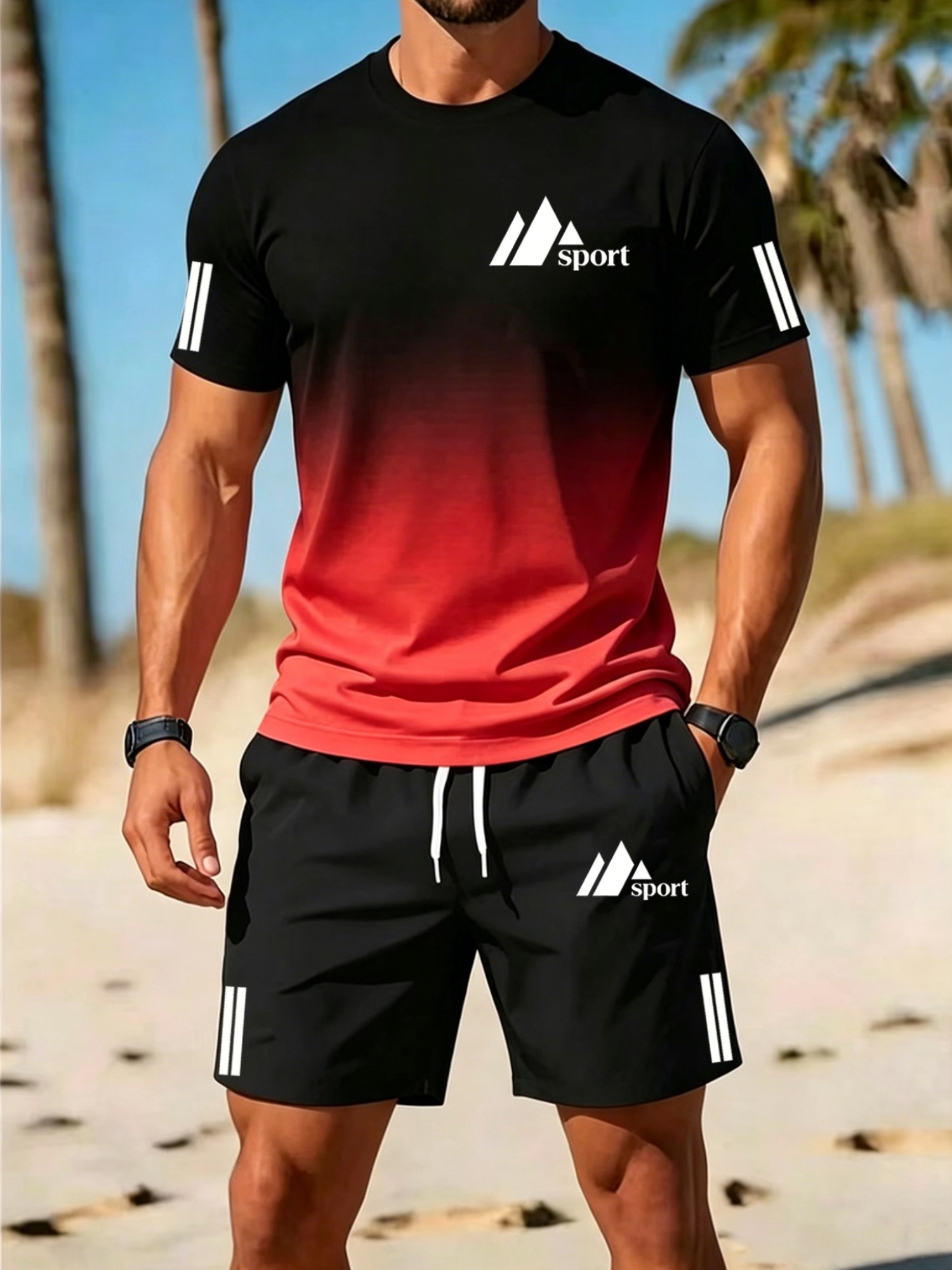 Artikelbild herren zweiteiliger gradient sportanzug, schnelltrocknendes kurzarm-t-shirt und shorts, lässige sportbekleidung, atmungsaktives fitness-outfit,   für fitnessstudio und laufen, übergröße
