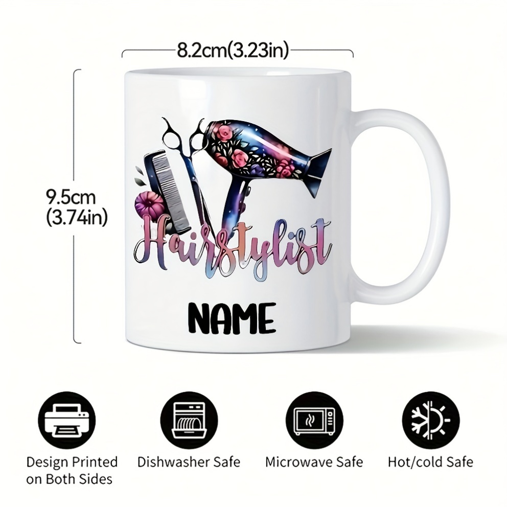 a creative hairstylist ceramic coffee mug with a double sided design featuring a hairdryer and scissors customizable with a name 11 ounce reusable ceramic cup   teachers day mothers day party gifts best friend gifts 1