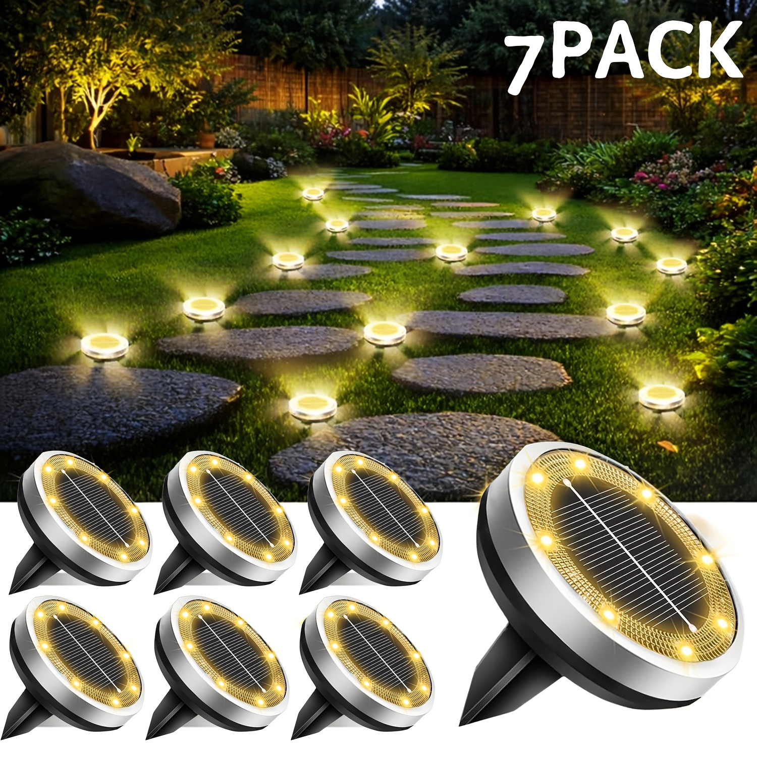 Image of 7pack5pack Outdoor Solar Ground Lights, Ip44 Upgraded Garden Solar Lights, Stainless Steel Solar-powered Disc Landscape Lights, Suitable For Gardens/garages/patios//walkways/lawns/courtyards/