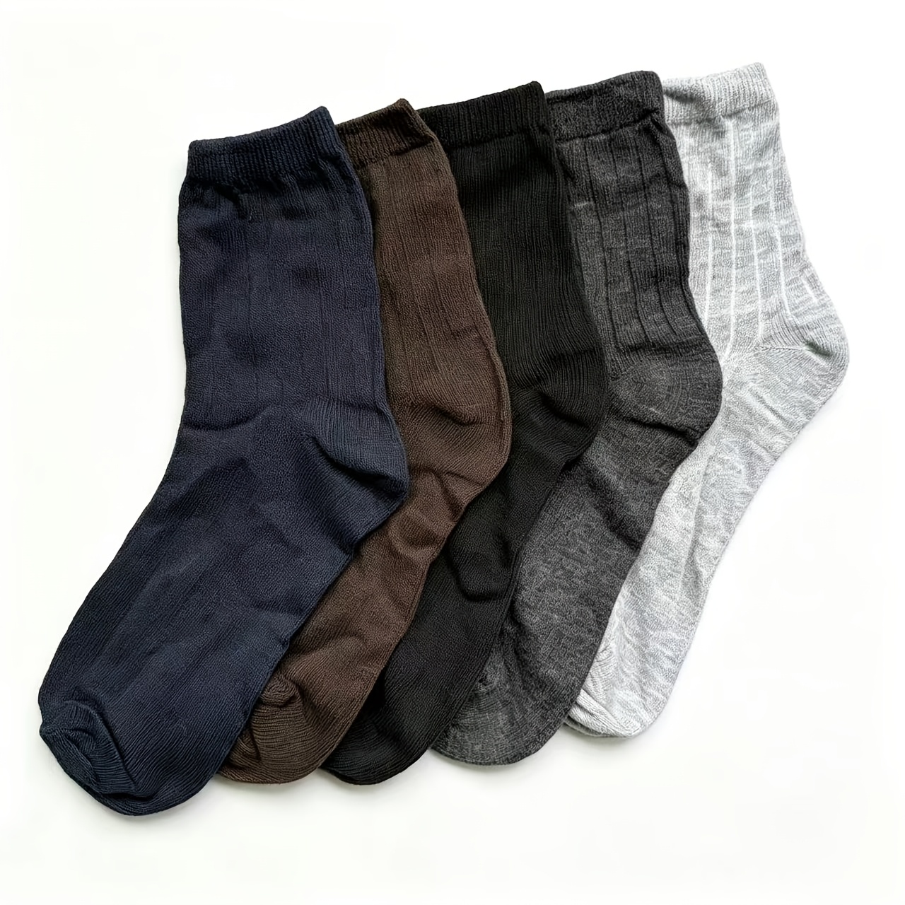TEMU 5 Pairs Men's Mid-calf Socks - Fit, Solid Color Casual & Outdoor Socks For Spring/summer, Assorted Neutral Tones (navy/beige/brown/gray/black),
