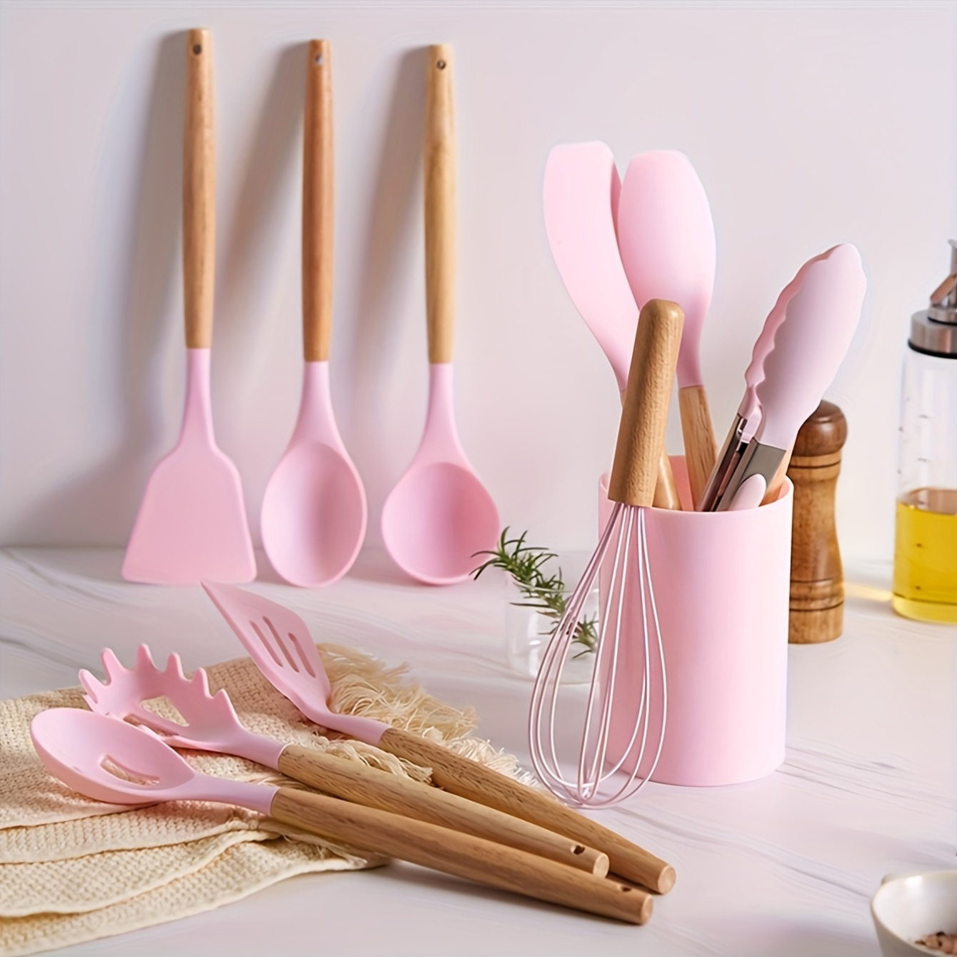 12pcs wooden handle silicone kitchenware cookware set japanese   green pink tableware set modern non stick kitchenware kitchen gadgets safe and hygienic kitchenware set home   back to school restaurant necessary details 1