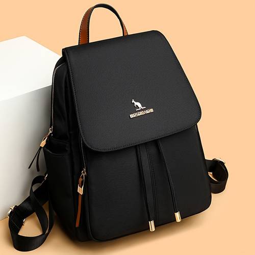 fashionable large capacity womens backpack lightweight adjustable shoulder straps durable lining zipper closure black with white logo secure zipper closure
