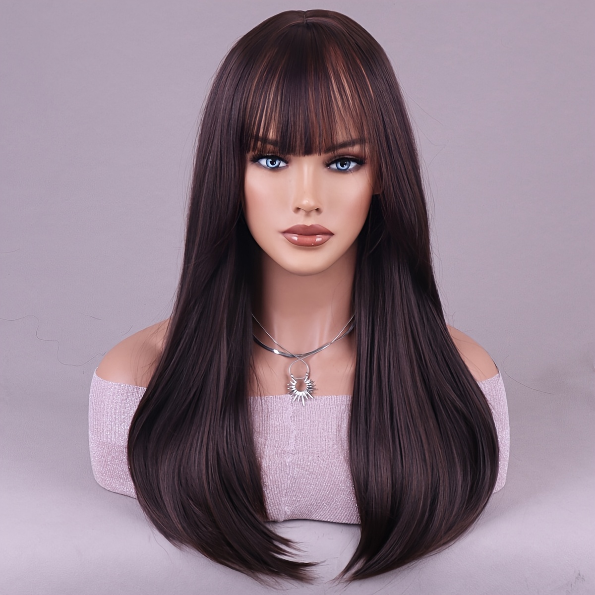 1pc mocha brown straight synthetic wig with bangs for women  display picture 1