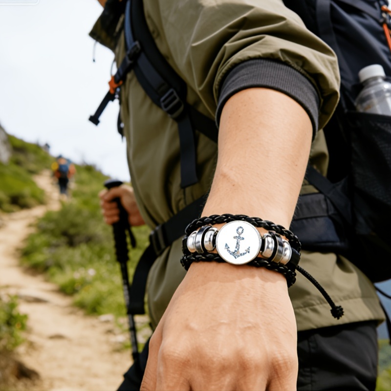 Men's Black Woven Bracelet with Ocean Element Design