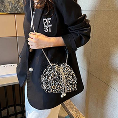 women sequin crossbody bag sequin bucket purse lightweight handbag purse with long strap