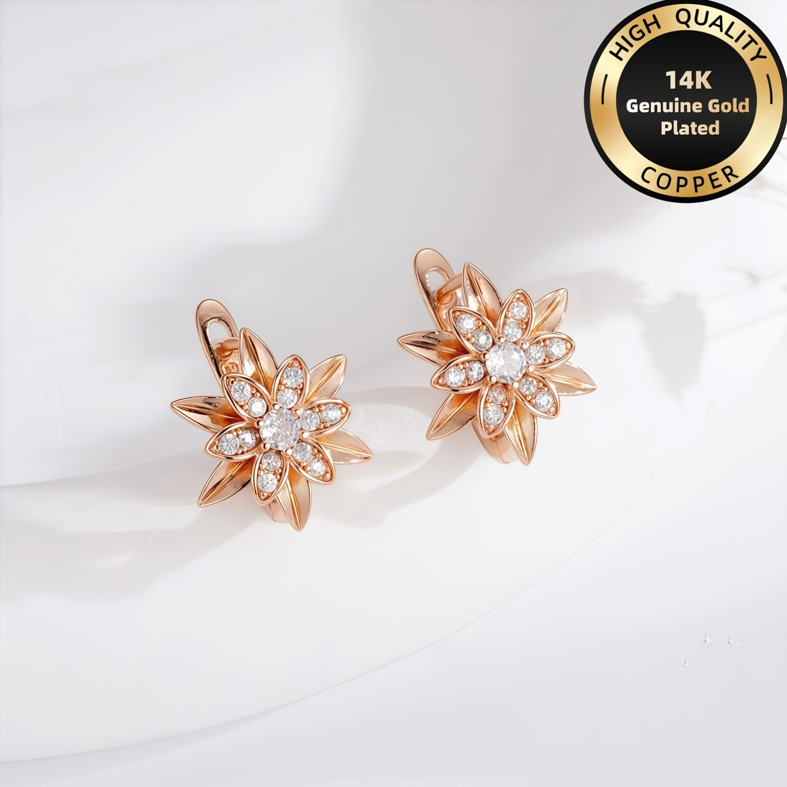 TEMU 1 Pair Rose Golden High-end Exquisite Low-allergy Copper Material 14k Golden Plated Women's Earrings, Elegant French Style Inlaid Synthetic