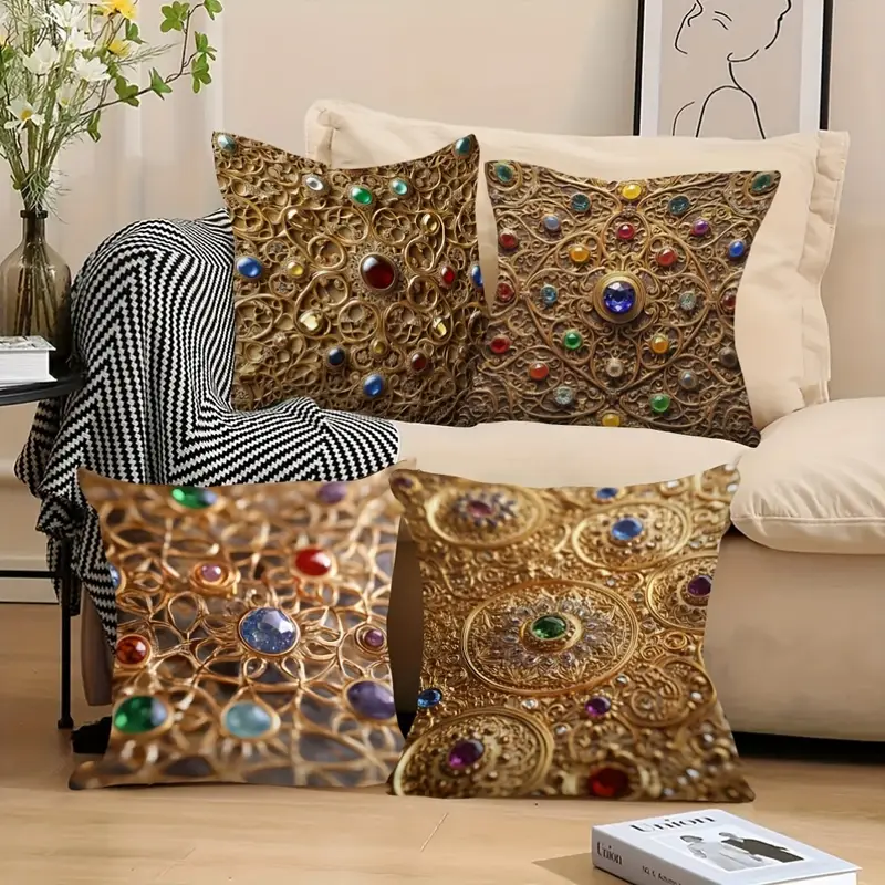 4pcs persian gemstone polyester pillow covers high quality 2 sided print no tassels or embroidery hidden zipper soft durable for living room couch or bedroom decor couch decor elegant pillow covers smooth texture Product details 2