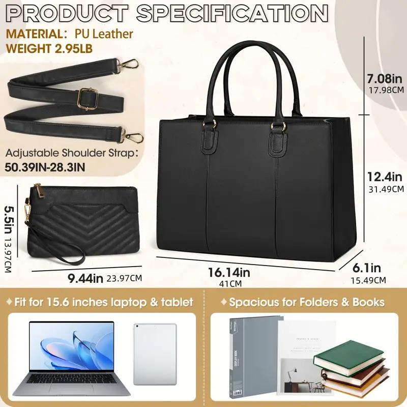 womens 15 6 laptop tote bag black synthetic leather professional shoulder bag with adjustable strap lightweight zipper closure daily business purse office tote bag minimalist style lightweight bag Product details 2