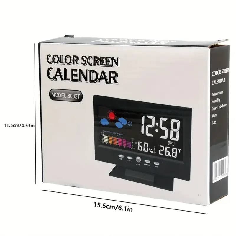 digital weather alarm clock voice control backlight temperature humidity calendar display glass material time weather forecast desk clock with color screen model 8028t 11 5cm x 15 5cm details 0