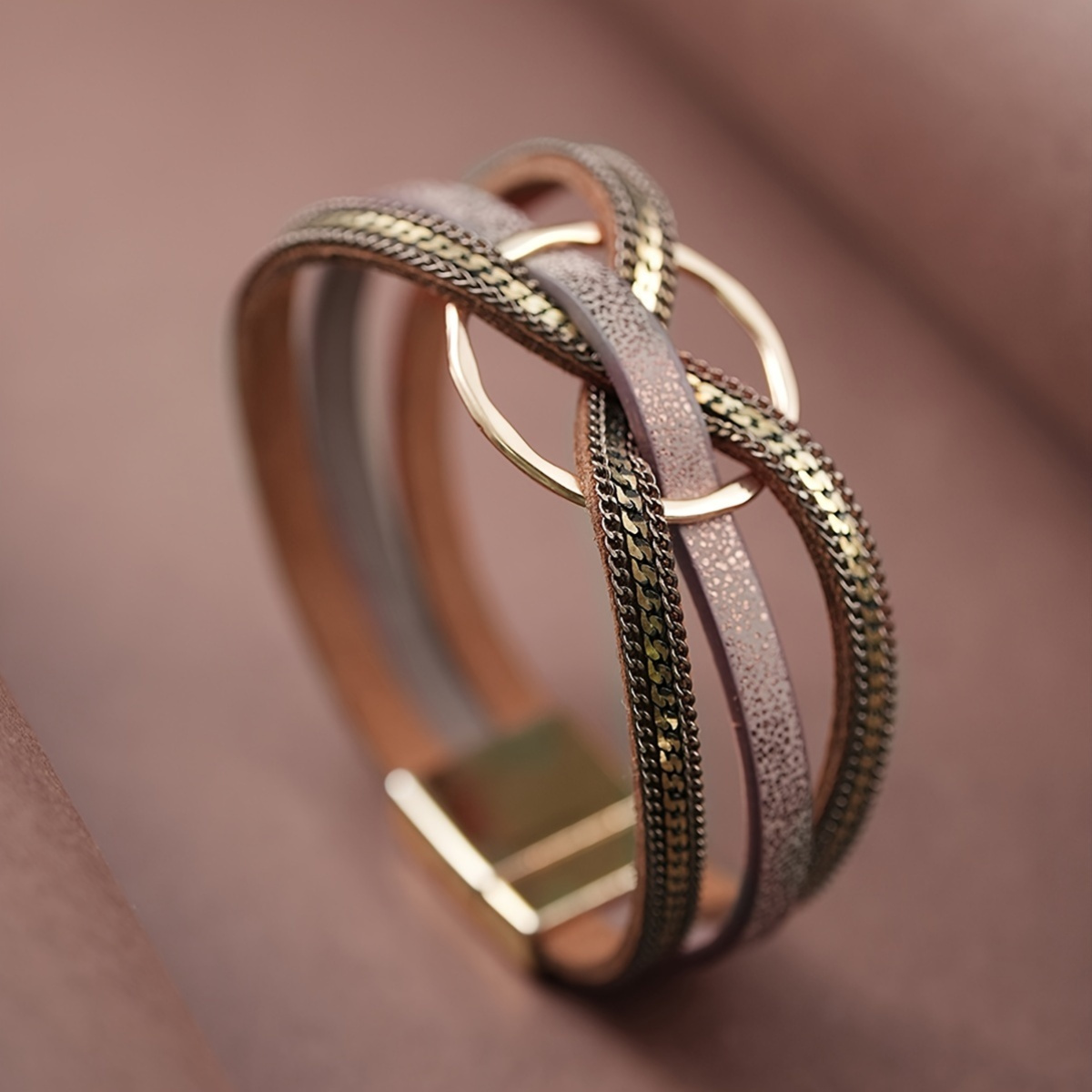 Minimalist PU Leather Bracelet with Circles, Magnetic Closure