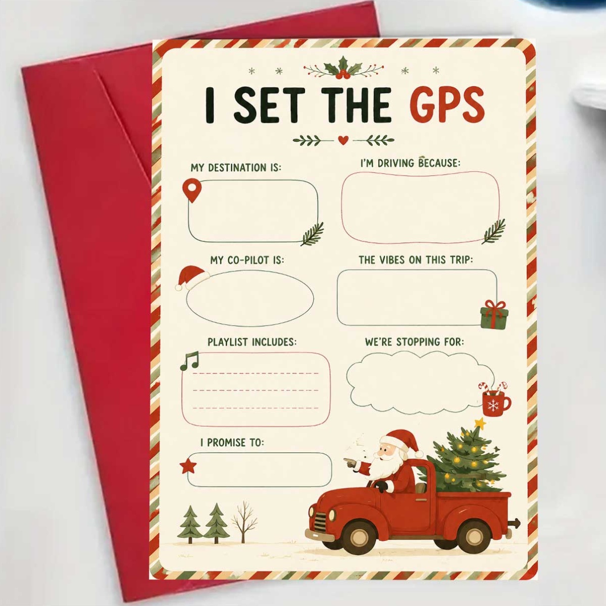 artikel foto 1 stuks leuke interactieve kerstkaart, [2d platte kaart], bedrukt met kerstman die een pickup truck rijdt en reischecklist, inclusief   the gps tekst, geschikt voor vrienden, met  