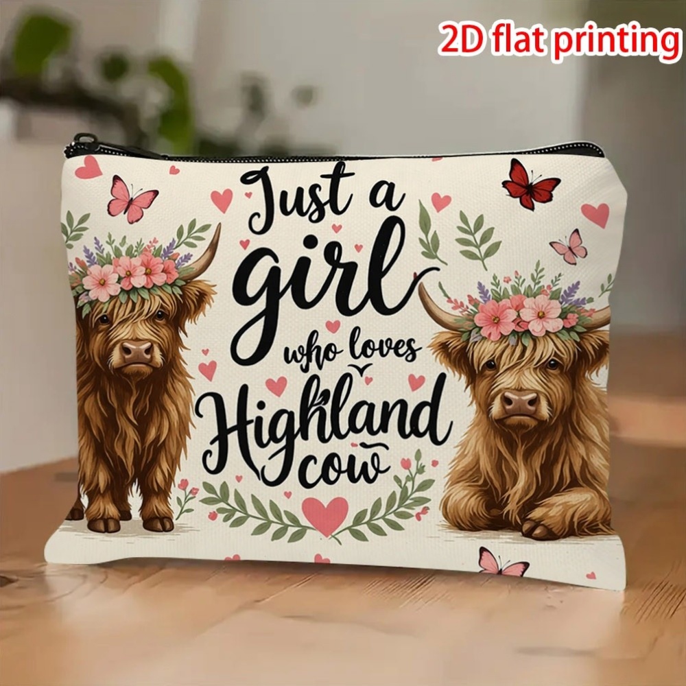 TEMU 2d Flat Printing, 1pc, Brown Highland Cow With Pink Garland, Love Heart, , And Text Printed Makeup Bag, Double-sided Printing, Zipper Closure,