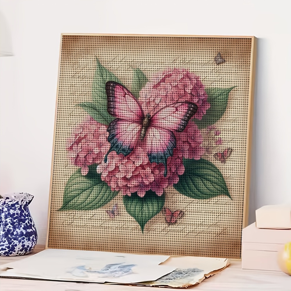 Cross Stitch Printed Kit, Frameless, Retro Paper Pink Flowers with Butterflies Pattern