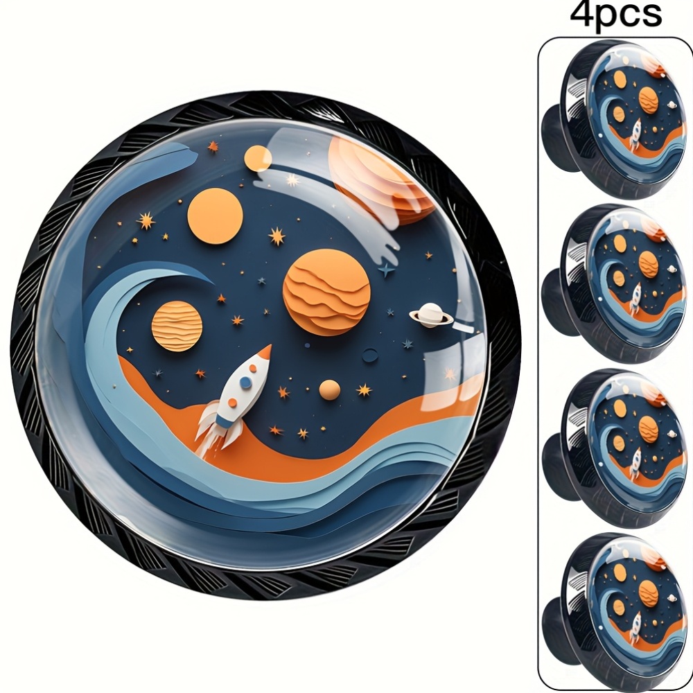 TEMU 4pcs Round Knobs Made Of Abs And Transparent Crystal Glass With Space Rocket Planets Suitable For Decorating Dresser Wardrobe Kitchen Cabinet