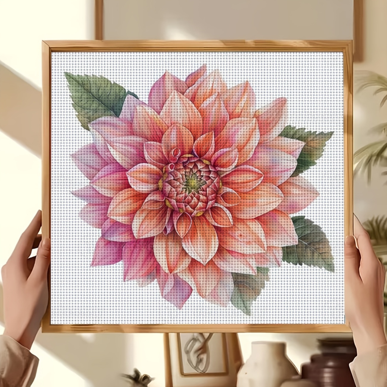 Cross Stitch Printed Kit, Frameless, Pink Orange Daisy Pattern