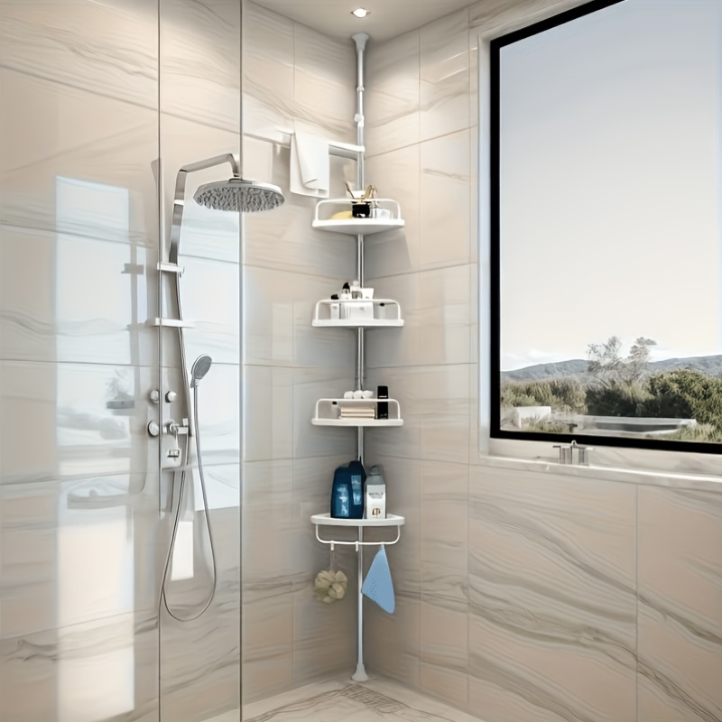 this multifunctional corner bathroom shelf features adjustable and expandable design   to different sizes of bathroom spaces   with a practical rotating towel rack its   as a   wall mounted unit shelves Product details 0