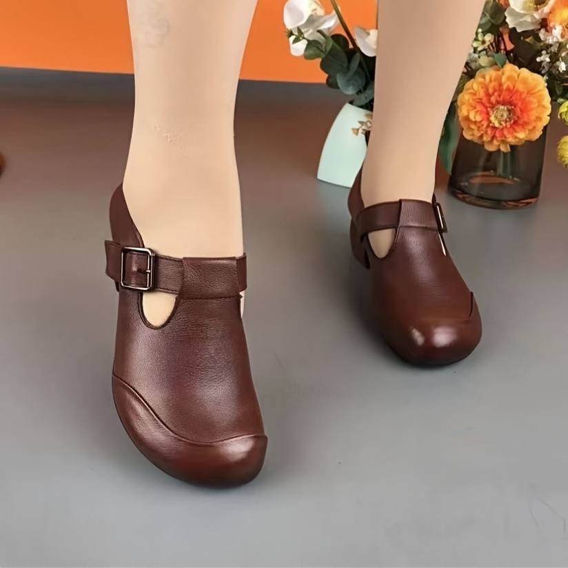 vintage style solid color pumps for women comfortable     heel dress shoes round toe with   strap non slip rubber sole with man made materials for european special from   35 dark brown 8
