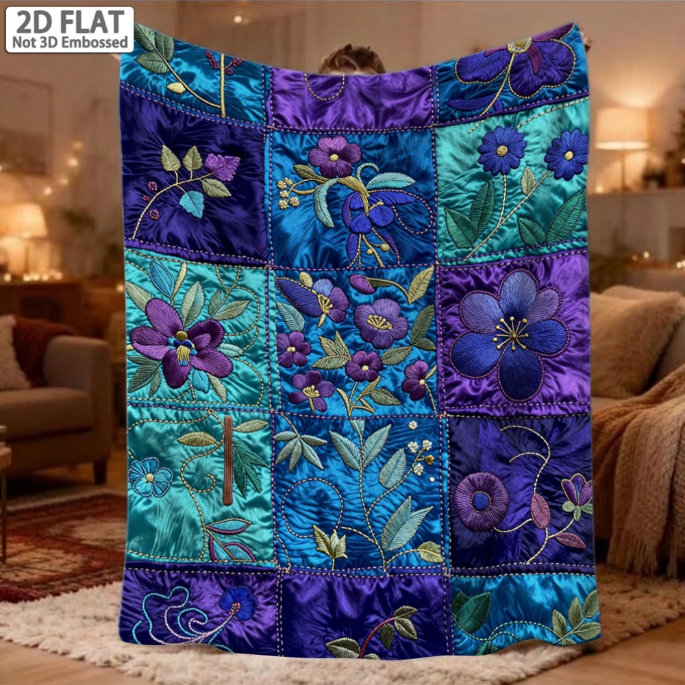 TEMU 1pc Soft Warm Lightweight Quilted Blanket - Purple Floral & Checkered Bedspread Suitable For Sofa Bed Travel Camping Throw, Bed Cover, Cozy