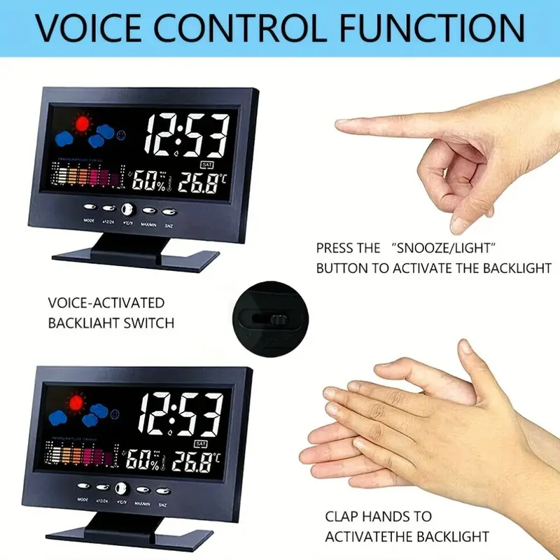 digital weather alarm clock voice control backlight temperature humidity calendar display glass material time weather forecast desk clock with color screen model 8028t 11 5cm x 15 5cm details 7