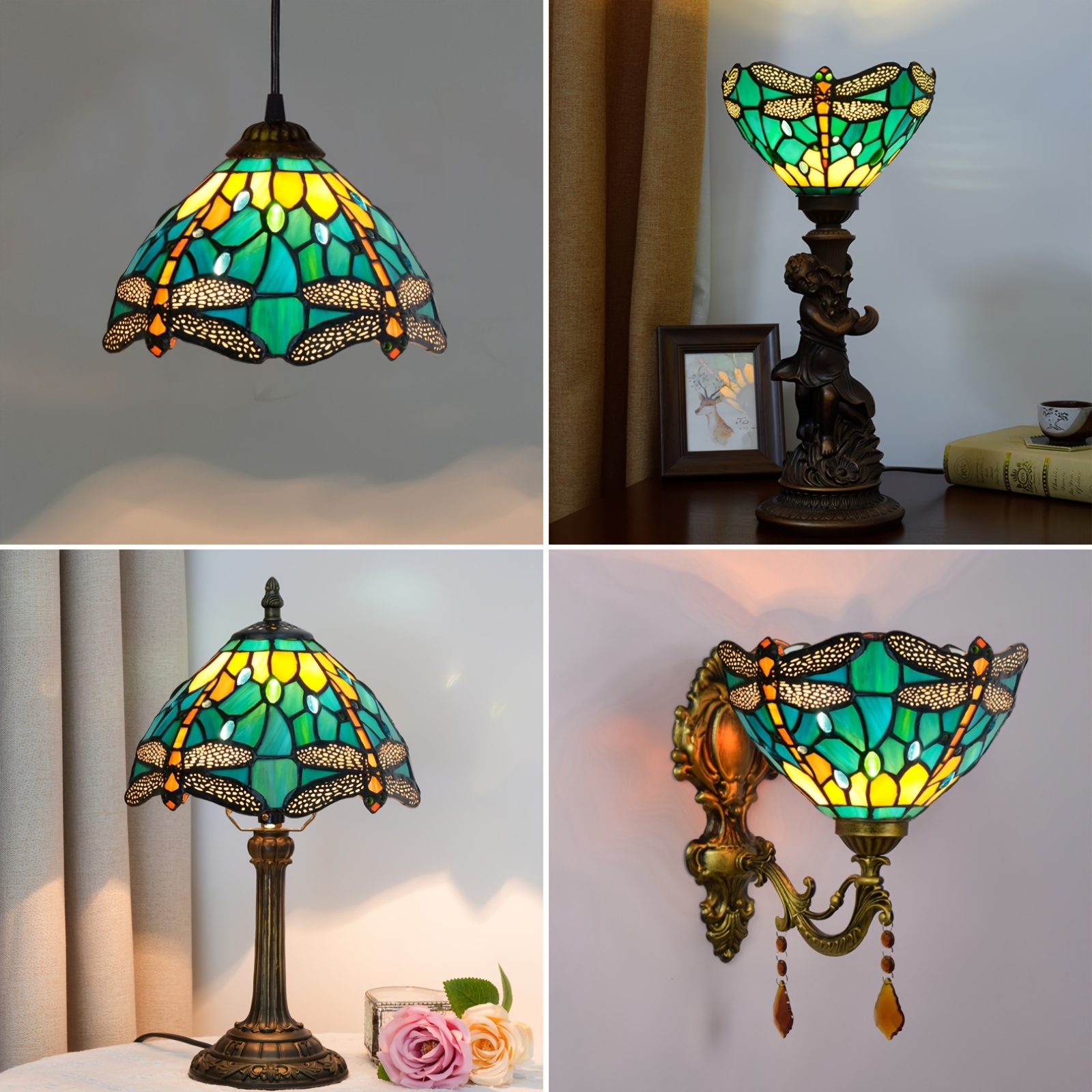 Vintage Green Dragonfly Style Stained Glass Lampshade