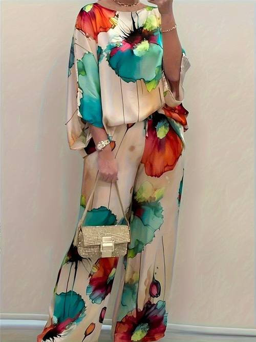 womens elegant floral print satin two piece set round neck top and wide leg pants
