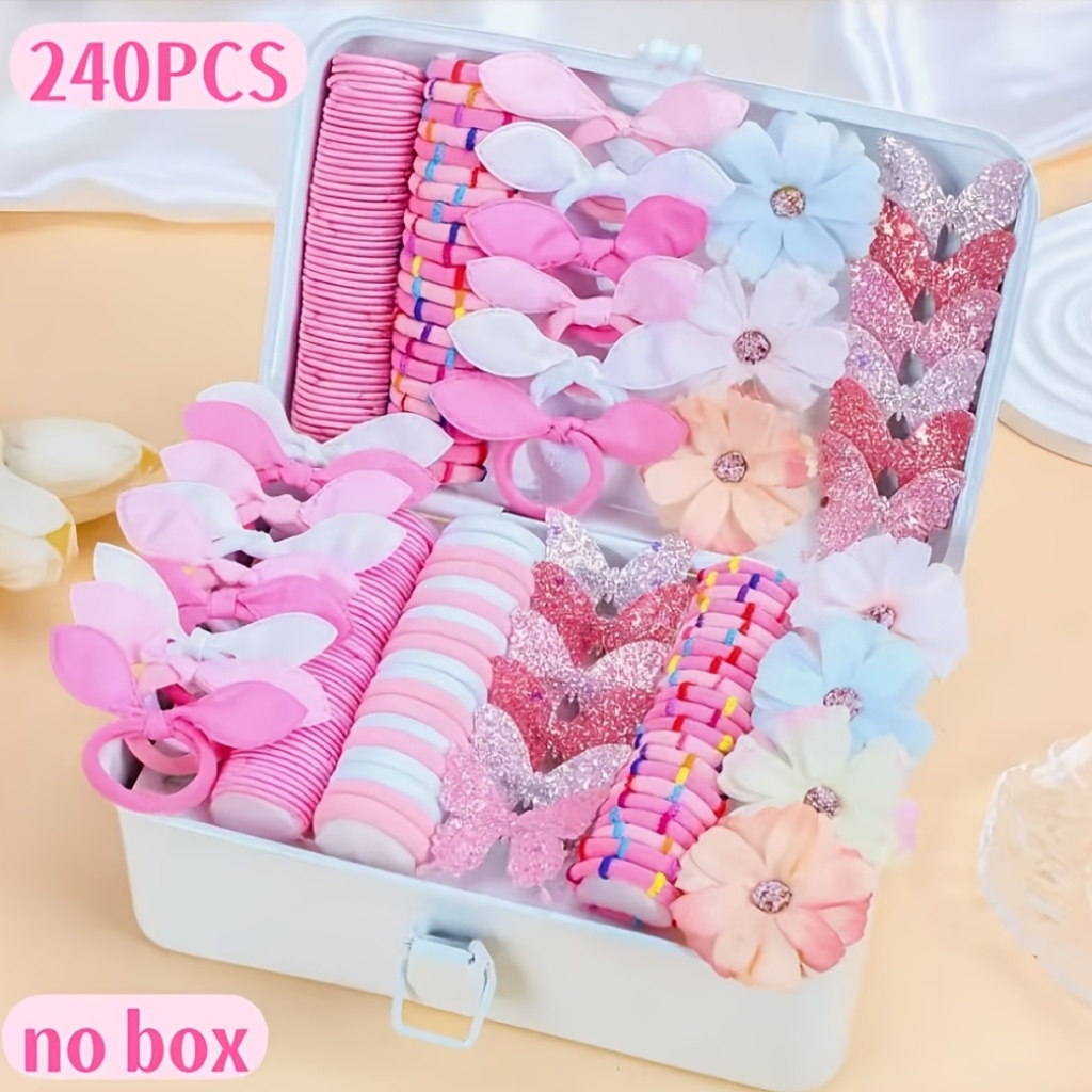 E-shop 240 Stück Haargummis und Haarspangen Set, inklusive Schmetterling Haarspangen, Blumen Haarspangen, bunte Haargummis, hauptsächlich in hellen