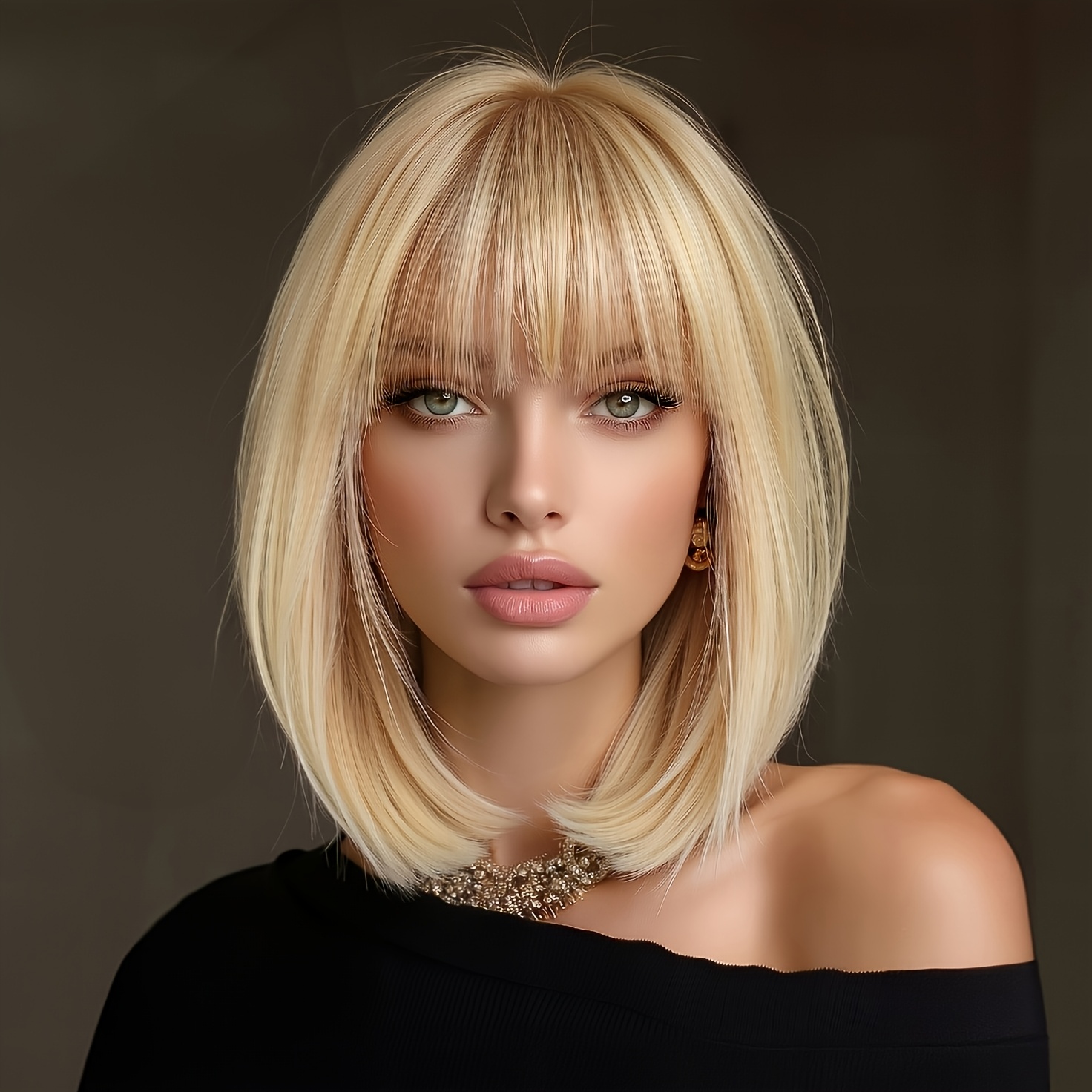Image of Elegant 12-inch Blonde Highlight Short Straight Wig With Bangs For Women - Density, Heat Resistant Synthetic Fiber, Beginner Friendly