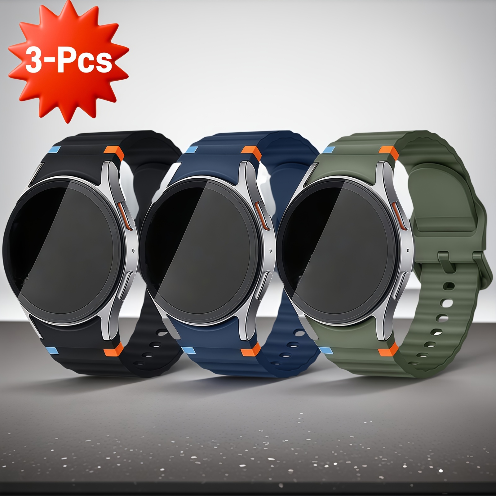 E-shop 3 Stück Wellennaht Sportarmband für for Galaxy Watch7/6/5/4/FE/Classic, Kompatibel mit 40mm-47mm Modellen. Weiches atmungsaktives Armband mit