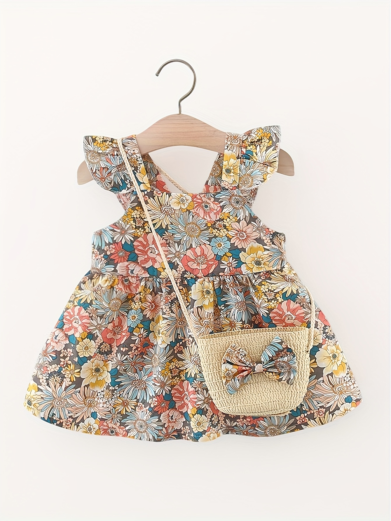 Robe sans manches à imprimé floral mignon pour bébé fille avec sac fourre-tout en paille - Tenue d'été vibrante, tissu non extensible, coupe régulière, parfaite pour des looks doux et adorables, tenue mignonne | Imprimé jouet | Sac fourre-tout en paille, vêtements pour bébé