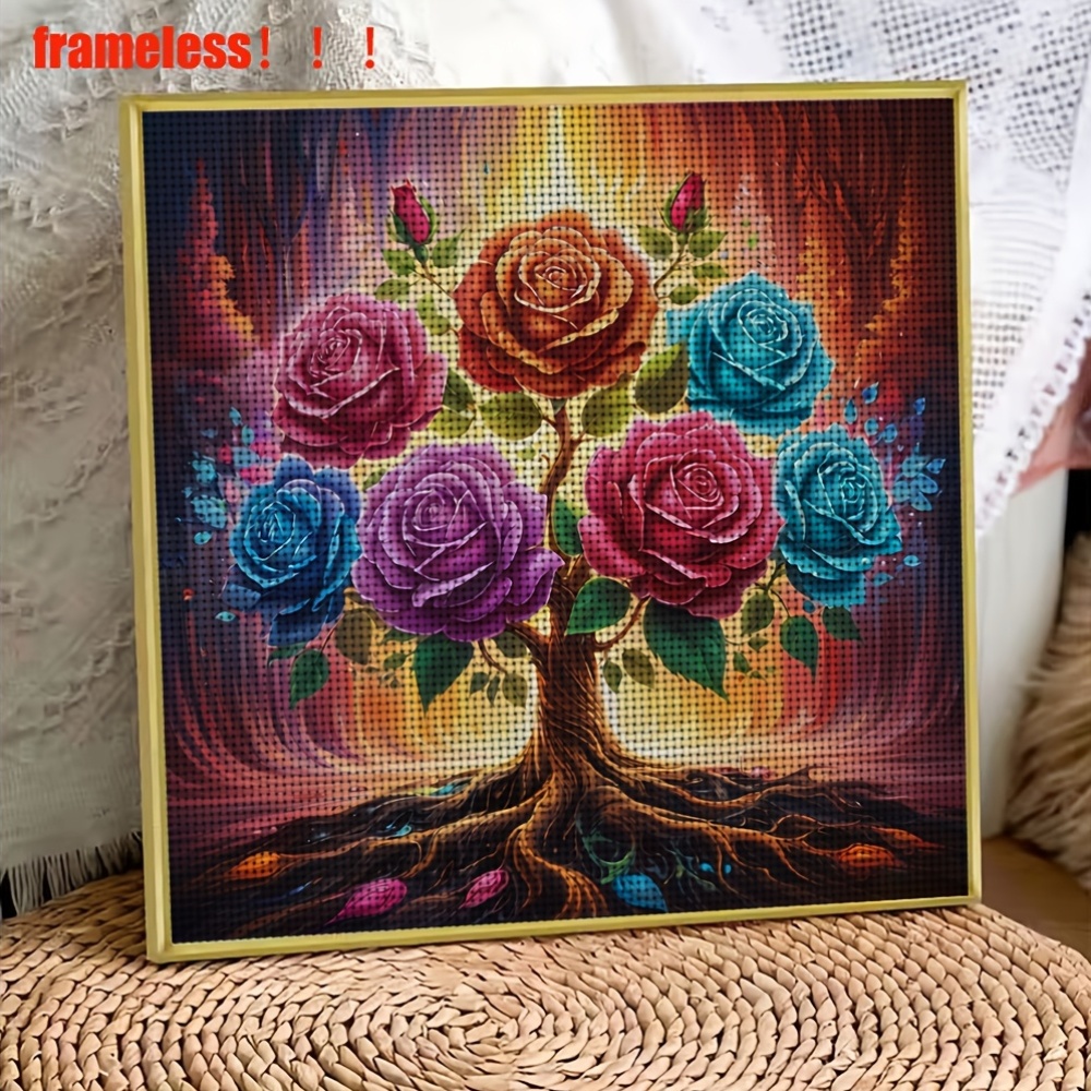 Frameless Stitch Printed Kit, Rainbow Rose Tree Pattern