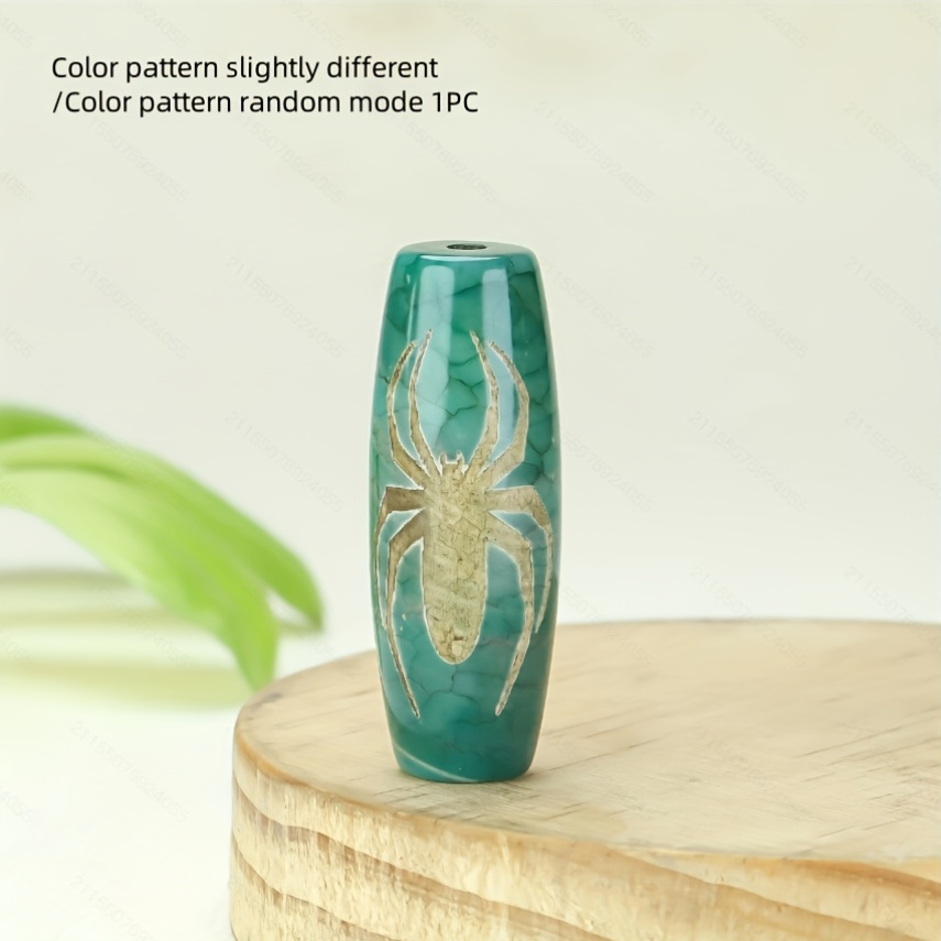 Green Dzi Agate Pendant with Spider Totem, Longevity Character